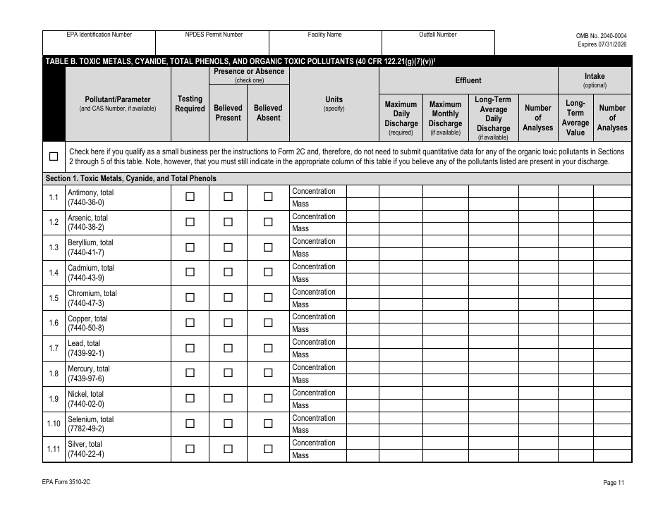 NPDES Form 2C (EPA Form 3510-2C) Application for Npdes Permit to Discharge Wastewater - Existing Manufacturing, Commercial, Mining, and Silviculture Operations, Page 26