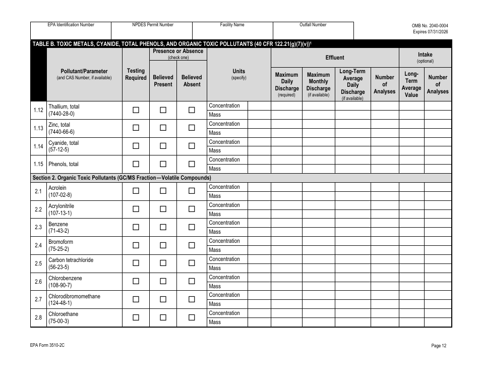 NPDES Form 2C (EPA Form 3510-2C) Application for Npdes Permit to Discharge Wastewater - Existing Manufacturing, Commercial, Mining, and Silviculture Operations, Page 27