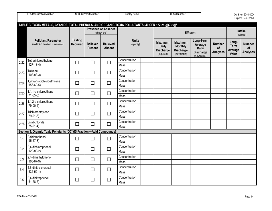 NPDES Form 2C (EPA Form 3510-2C) Application for Npdes Permit to Discharge Wastewater - Existing Manufacturing, Commercial, Mining, and Silviculture Operations, Page 29