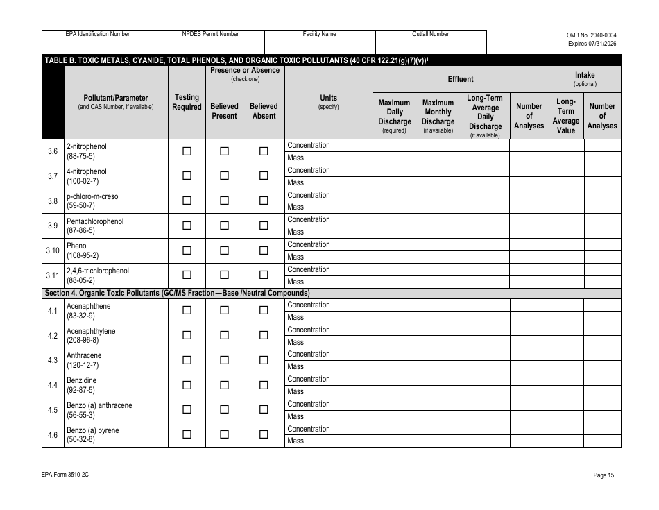 NPDES Form 2C (EPA Form 3510-2C) Application for Npdes Permit to Discharge Wastewater - Existing Manufacturing, Commercial, Mining, and Silviculture Operations, Page 30