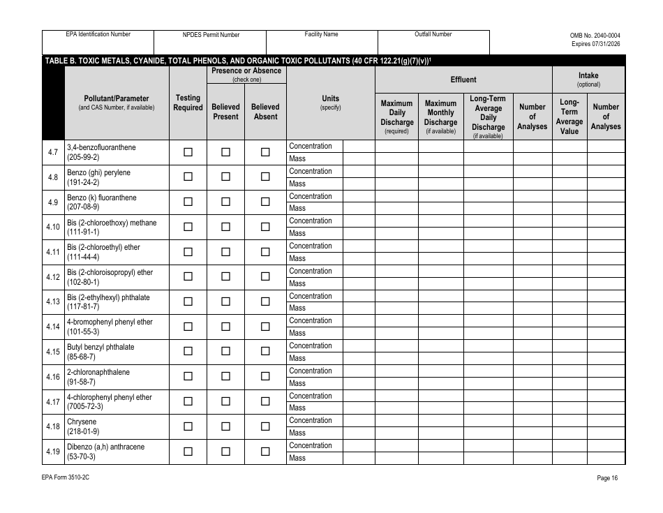 NPDES Form 2C (EPA Form 3510-2C) Application for Npdes Permit to Discharge Wastewater - Existing Manufacturing, Commercial, Mining, and Silviculture Operations, Page 31