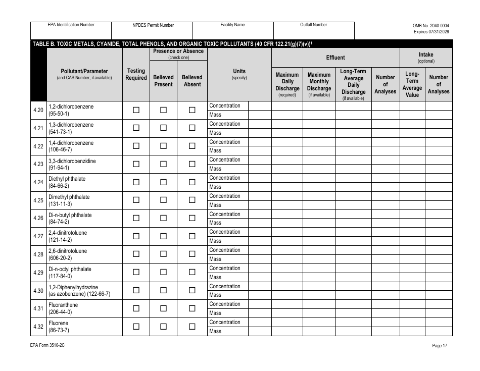 NPDES Form 2C (EPA Form 3510-2C) Application for Npdes Permit to Discharge Wastewater - Existing Manufacturing, Commercial, Mining, and Silviculture Operations, Page 32