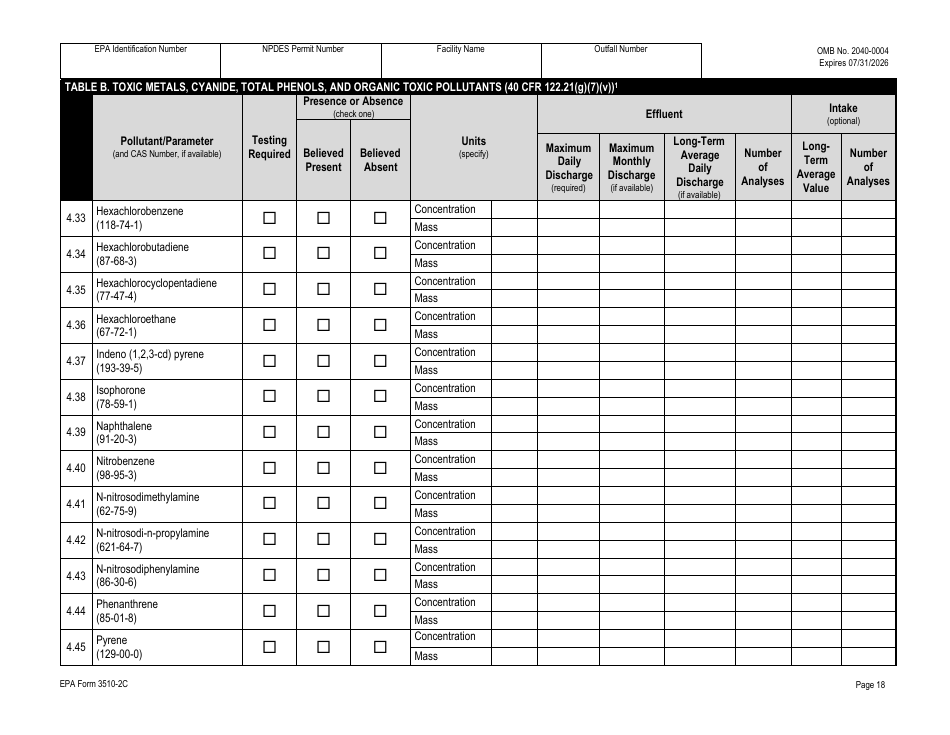 NPDES Form 2C (EPA Form 3510-2C) Application for Npdes Permit to Discharge Wastewater - Existing Manufacturing, Commercial, Mining, and Silviculture Operations, Page 33