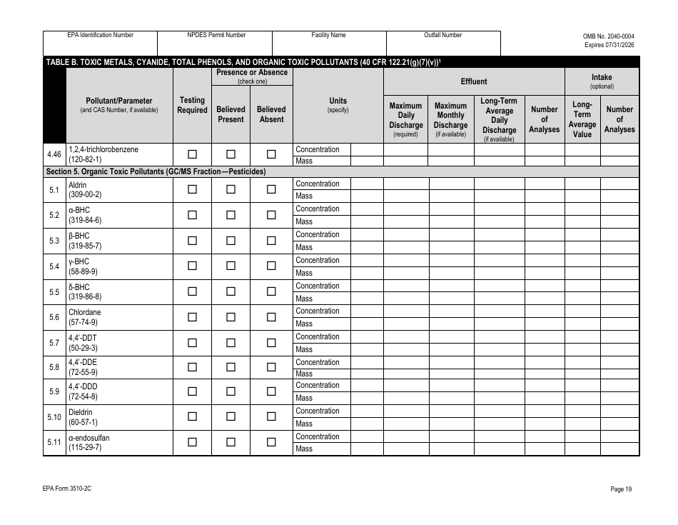 NPDES Form 2C (EPA Form 3510-2C) Application for Npdes Permit to Discharge Wastewater - Existing Manufacturing, Commercial, Mining, and Silviculture Operations, Page 34
