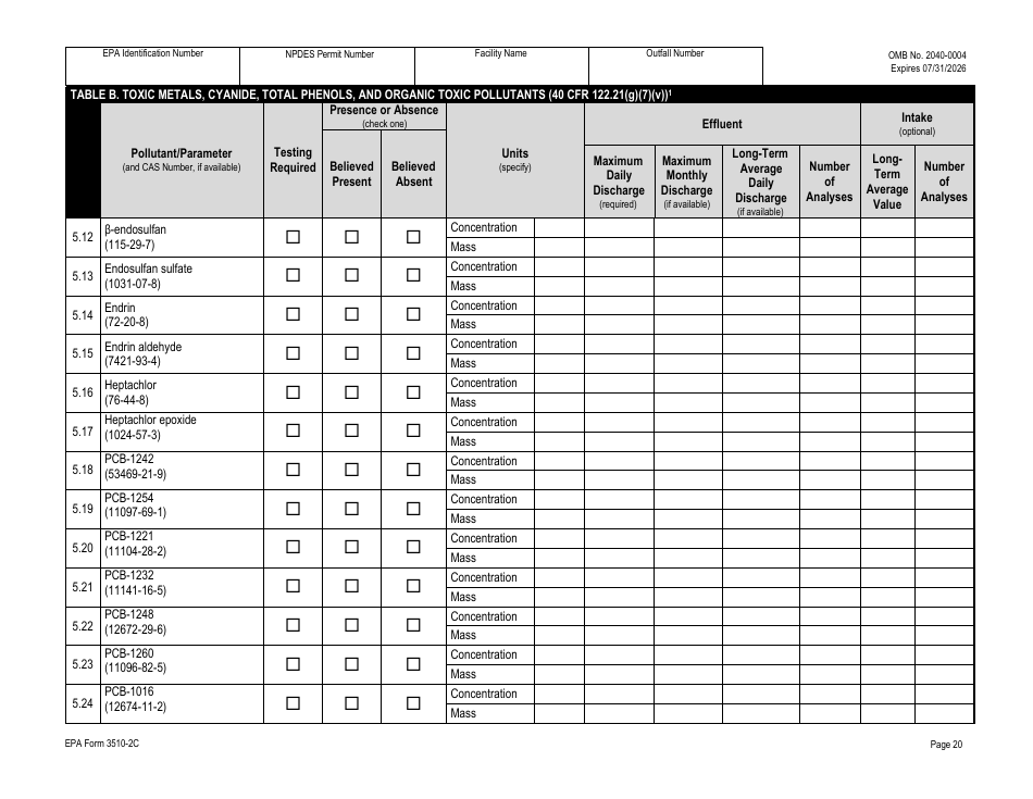 NPDES Form 2C (EPA Form 3510-2C) Application for Npdes Permit to Discharge Wastewater - Existing Manufacturing, Commercial, Mining, and Silviculture Operations, Page 35