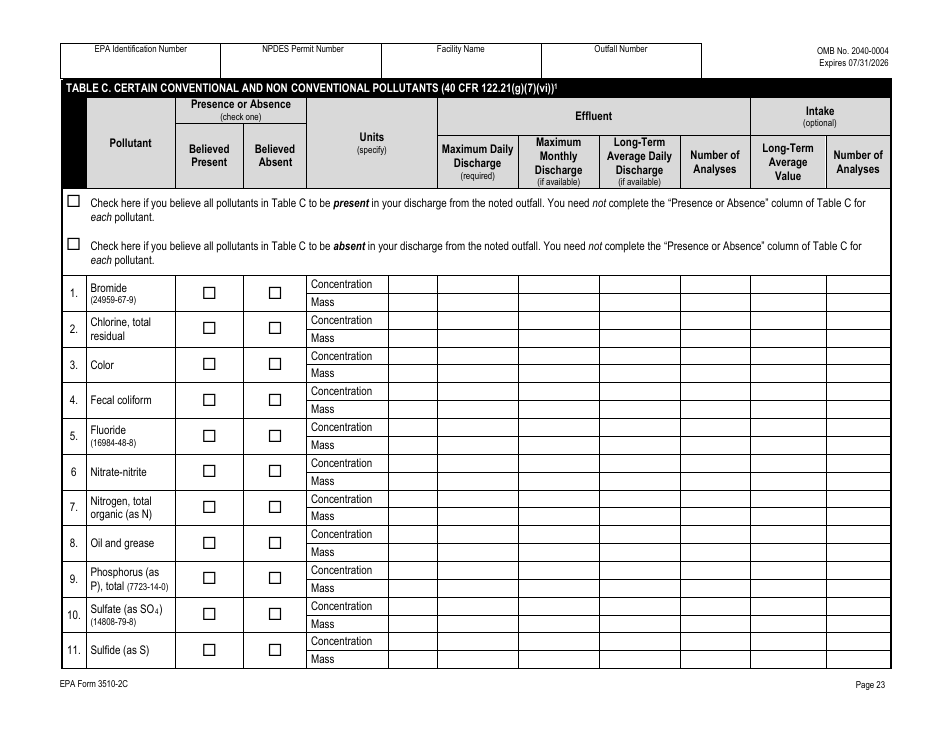 NPDES Form 2C (EPA Form 3510-2C) Application for Npdes Permit to Discharge Wastewater - Existing Manufacturing, Commercial, Mining, and Silviculture Operations, Page 38