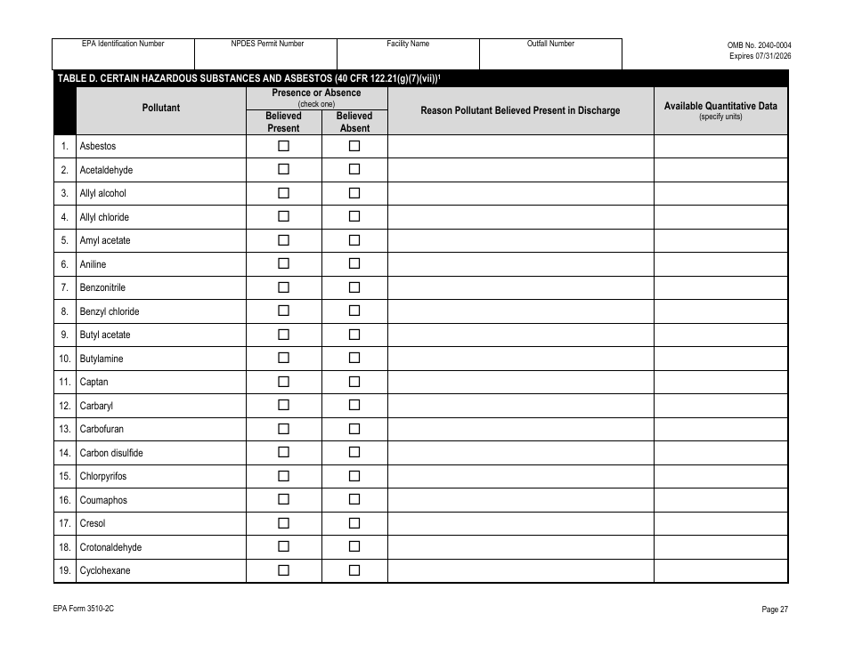 NPDES Form 2C (EPA Form 3510-2C) Application for Npdes Permit to Discharge Wastewater - Existing Manufacturing, Commercial, Mining, and Silviculture Operations, Page 42