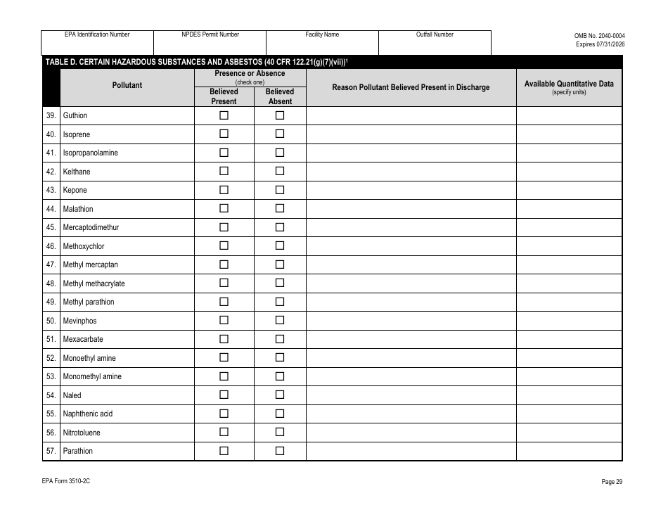 NPDES Form 2C (EPA Form 3510-2C) Application for Npdes Permit to Discharge Wastewater - Existing Manufacturing, Commercial, Mining, and Silviculture Operations, Page 44