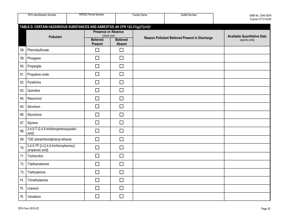 NPDES Form 2C (EPA Form 3510-2C) Application for Npdes Permit to Discharge Wastewater - Existing Manufacturing, Commercial, Mining, and Silviculture Operations, Page 45