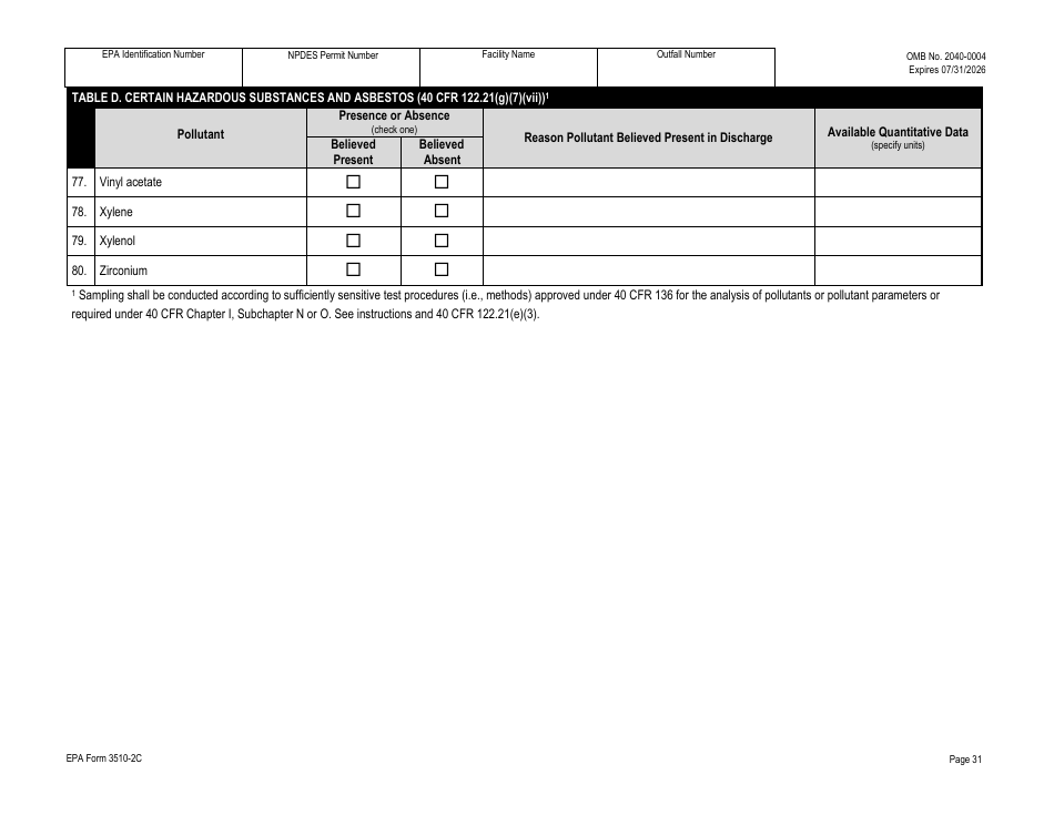 NPDES Form 2C (EPA Form 3510-2C) Application for Npdes Permit to Discharge Wastewater - Existing Manufacturing, Commercial, Mining, and Silviculture Operations, Page 46