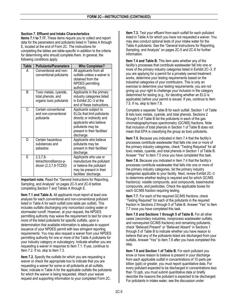 NPDES Form 2C (EPA Form 3510-2C) Application for Npdes Permit to Discharge Wastewater - Existing Manufacturing, Commercial, Mining, and Silviculture Operations, Page 7