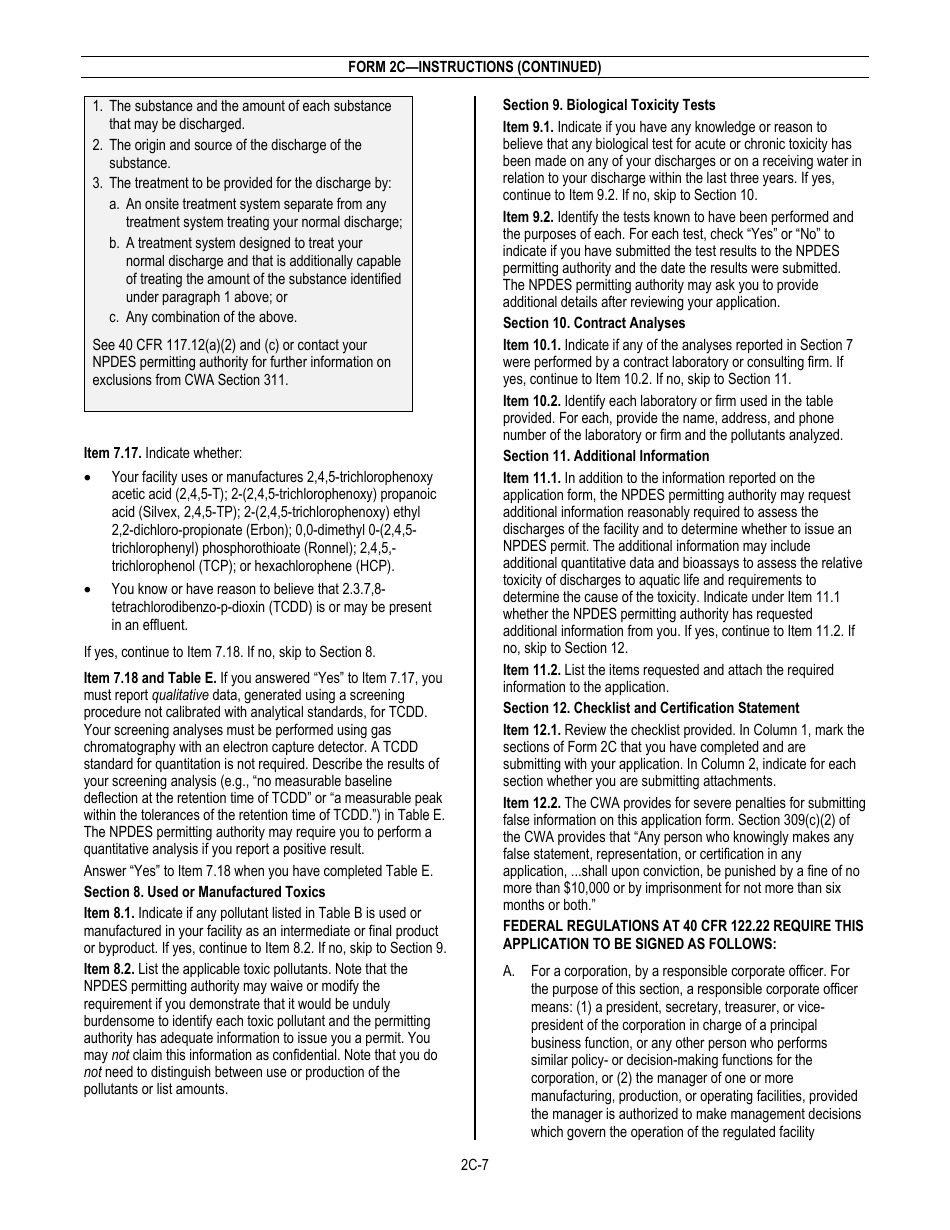 NPDES Form 2C (EPA Form 3510-2C) Application for Npdes Permit to Discharge Wastewater - Existing Manufacturing, Commercial, Mining, and Silviculture Operations, Page 9
