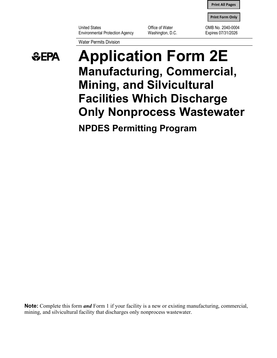 NPDES Form 2E (EPA Form 3510-2E) Application for Npdes Permit to Discharge Wastewater - Manufacturing, Commercial, Mining, and Silvicultural Facilities Which Discharge Only Nonprocess Wastewater, Page 1