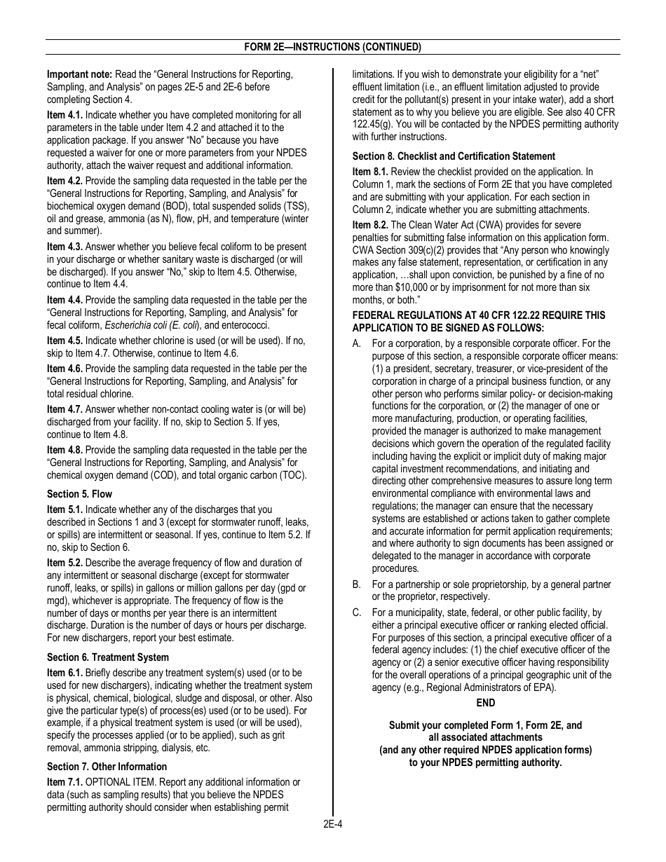 NPDES Form 2E (EPA Form 3510-2E) Application for Npdes Permit to Discharge Wastewater - Manufacturing, Commercial, Mining, and Silvicultural Facilities Which Discharge Only Nonprocess Wastewater, Page 4
