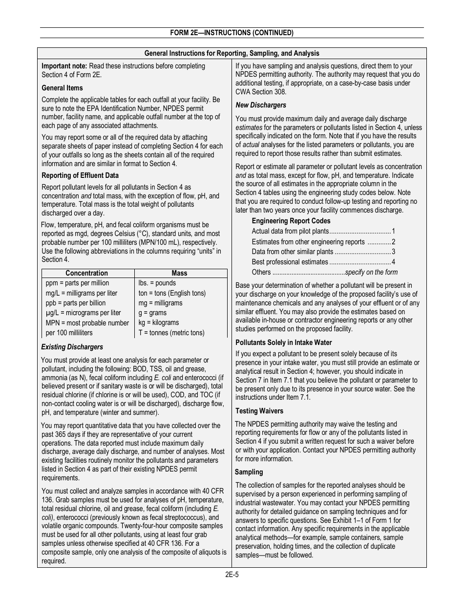 NPDES Form 2E (EPA Form 3510-2E) Application for Npdes Permit to Discharge Wastewater - Manufacturing, Commercial, Mining, and Silvicultural Facilities Which Discharge Only Nonprocess Wastewater, Page 5