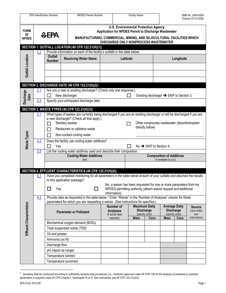 NPDES Form 2E (EPA Form 3510-2E) Application for Npdes Permit to Discharge Wastewater - Manufacturing, Commercial, Mining, and Silvicultural Facilities Which Discharge Only Nonprocess Wastewater, Page 7