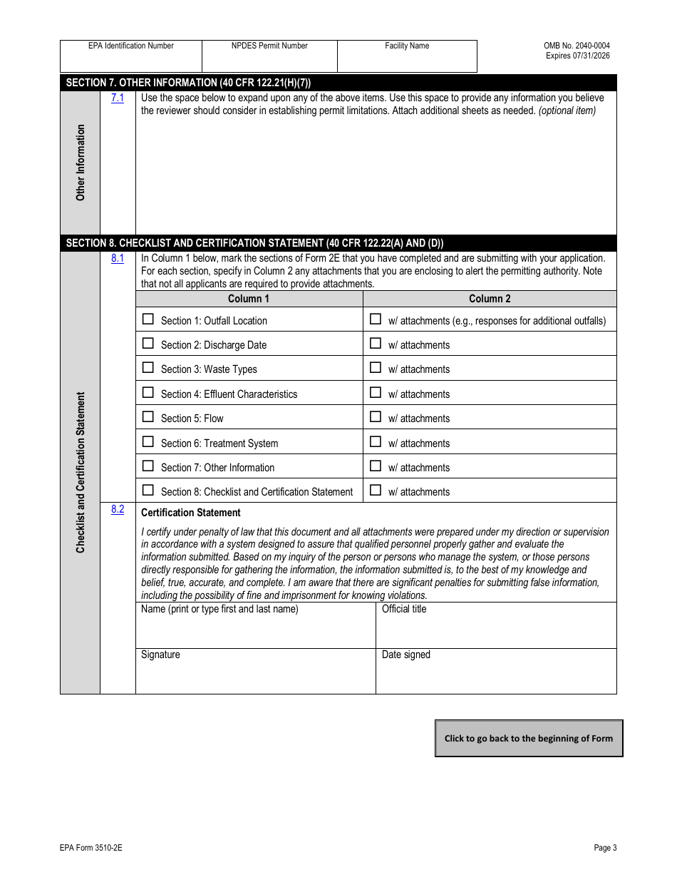 NPDES Form 2E (EPA Form 3510-2E) Application for Npdes Permit to Discharge Wastewater - Manufacturing, Commercial, Mining, and Silvicultural Facilities Which Discharge Only Nonprocess Wastewater, Page 9