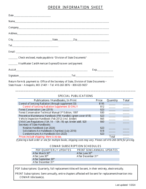 Order Information Sheet - Maryland Download Pdf