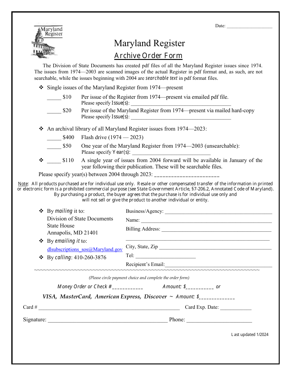 Archive Order Form - Maryland Register - Maryland, Page 1