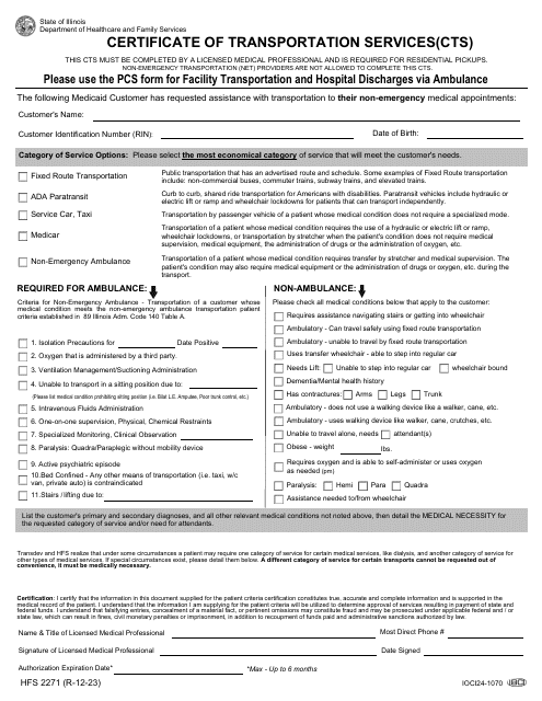 Form HFS2271 Certificate of Transportation Services(Cts) - Illinois