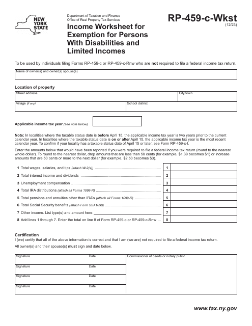 Form RP-459-C-WKST Income Worksheet for Exemption for Persons With Disabilities and Limited Incomes - New York