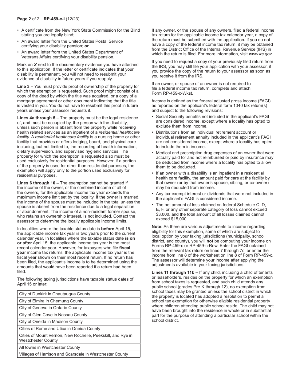 Instructions for Form RP-459-C, RP-459-C-RNW - New York, Page 2