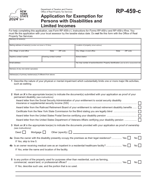 Form RP-459-C Application for Exemption for Persons With Disabilities and Limited Incomes - New York, 2024