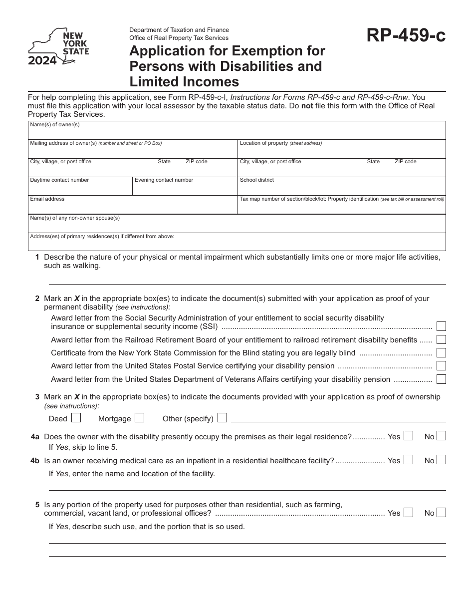 Form RP-459-C Application for Exemption for Persons With Disabilities and Limited Incomes - New York, Page 1