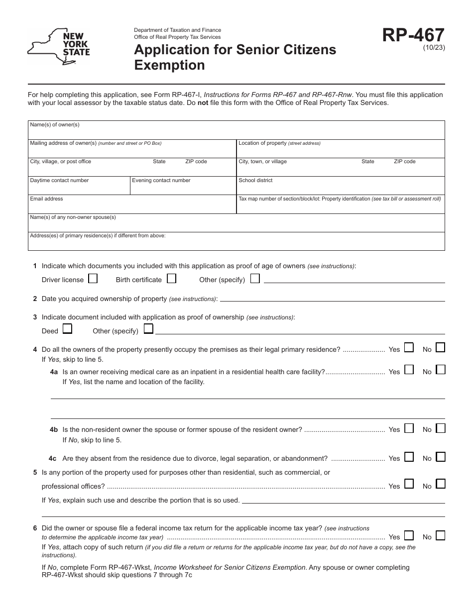 Form RP-467 Application for Senior Citizens Exemption - New York, Page 1