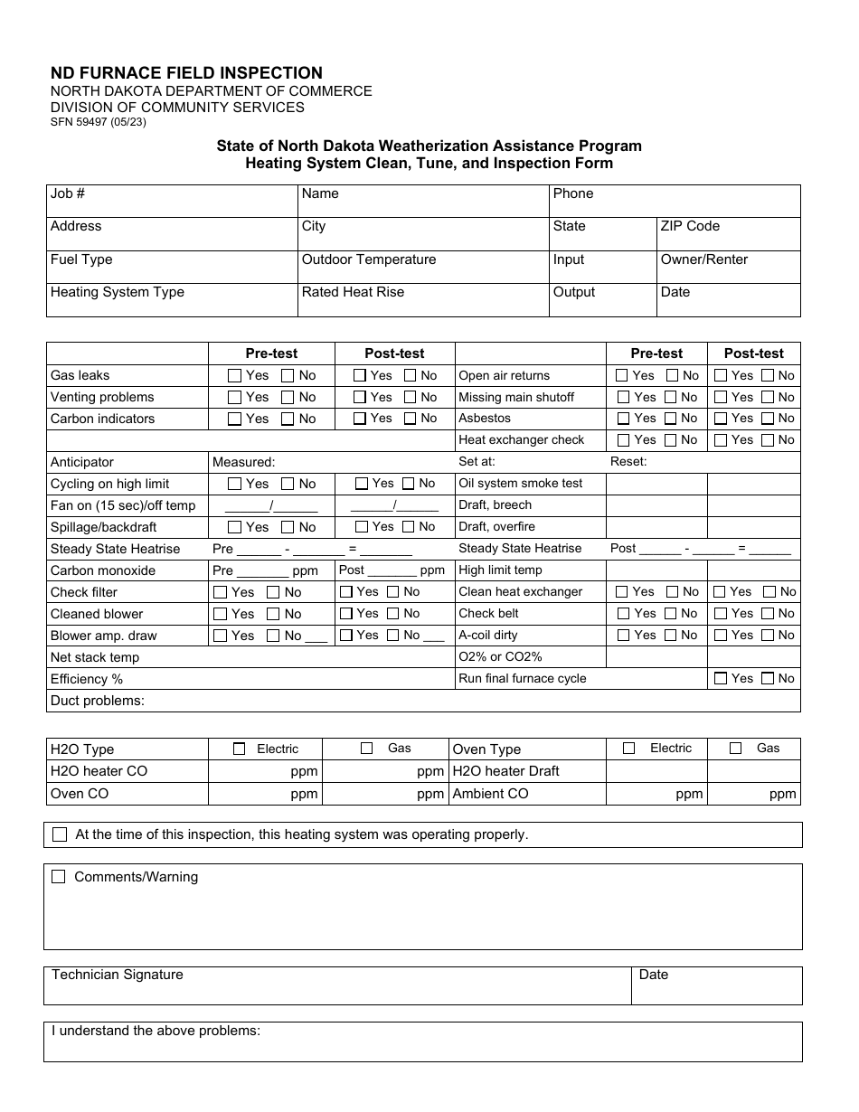 Form SFN59497 Heating System Clean, Tune, and Inspection Form - State of North Dakota Weatherization Assistance Program - North Dakota, Page 1