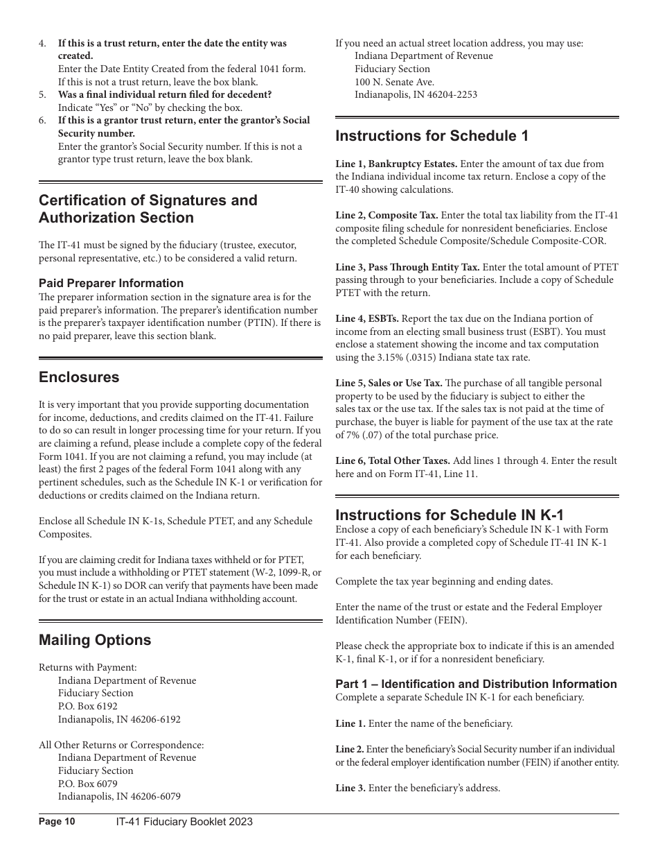 Instructions for Form IT-41, State Form 11458 Fiduciary Income Tax Return - Indiana, Page 10
