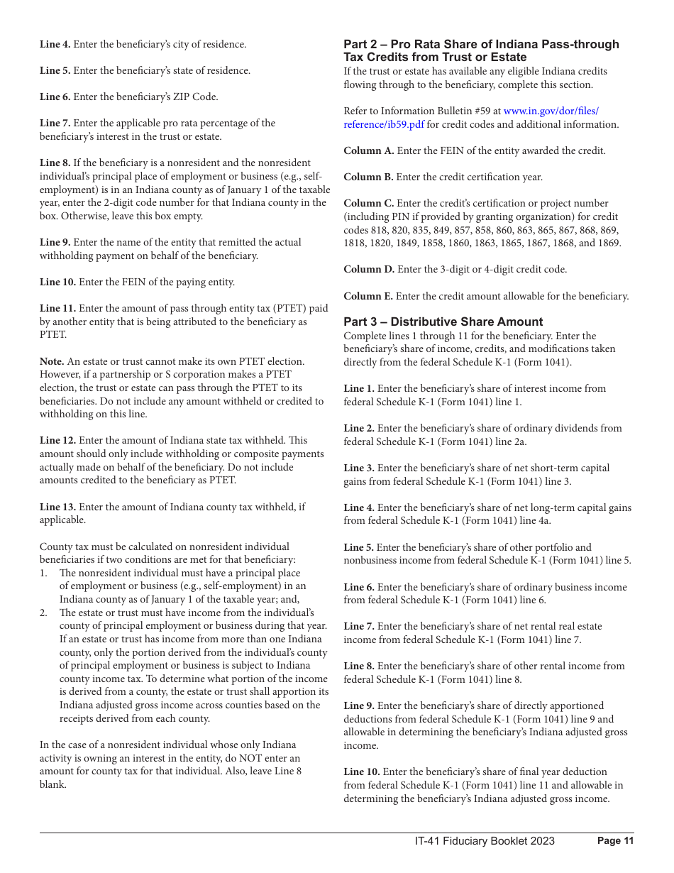 Instructions for Form IT-41, State Form 11458 Fiduciary Income Tax Return - Indiana, Page 11