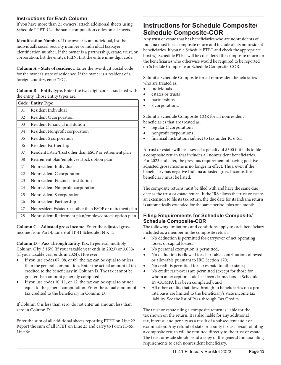 Instructions for Form IT-41, State Form 11458 Fiduciary Income Tax Return - Indiana, Page 13