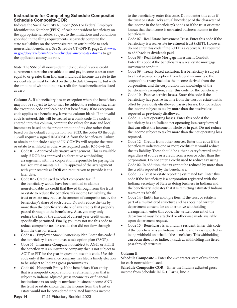 Instructions for Form IT-41, State Form 11458 Fiduciary Income Tax Return - Indiana, Page 14