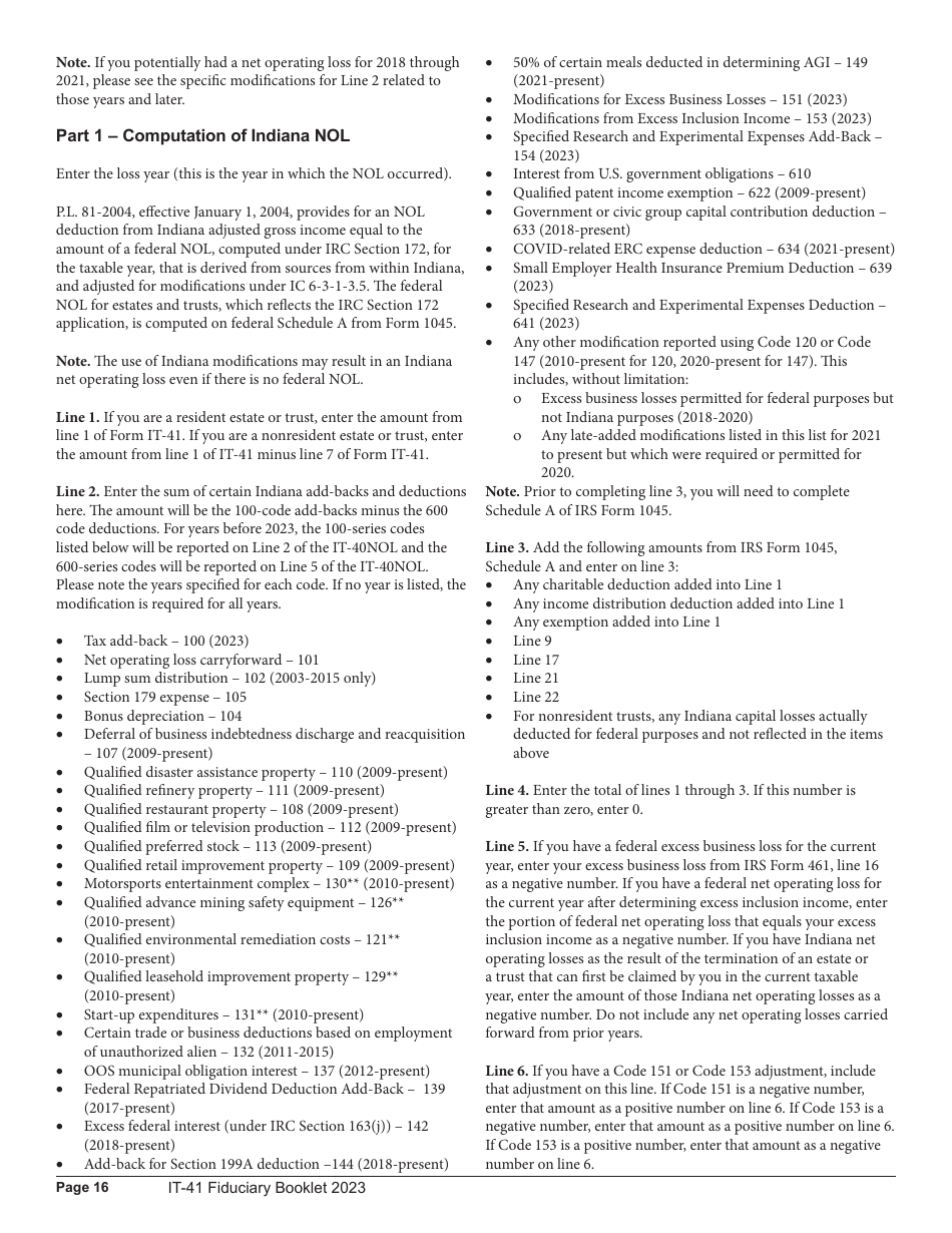 Instructions for Form IT-41, State Form 11458 Fiduciary Income Tax Return - Indiana, Page 16
