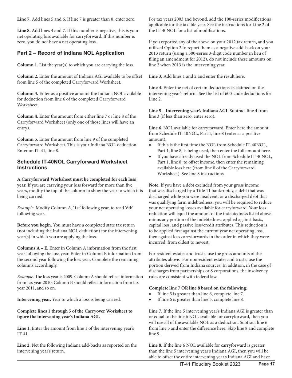Instructions for Form IT-41, State Form 11458 Fiduciary Income Tax Return - Indiana, Page 17