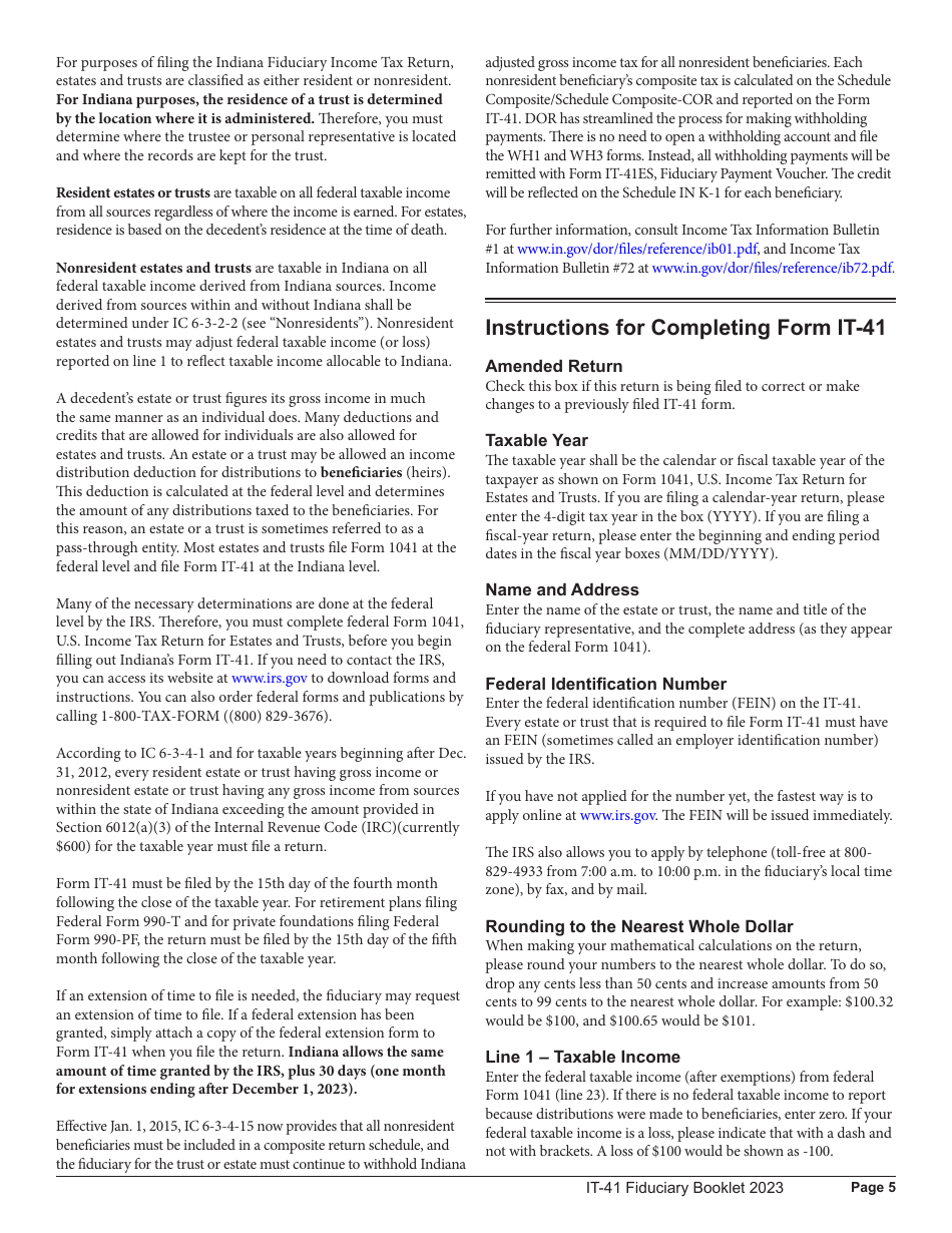 Instructions for Form IT-41, State Form 11458 Fiduciary Income Tax Return - Indiana, Page 5