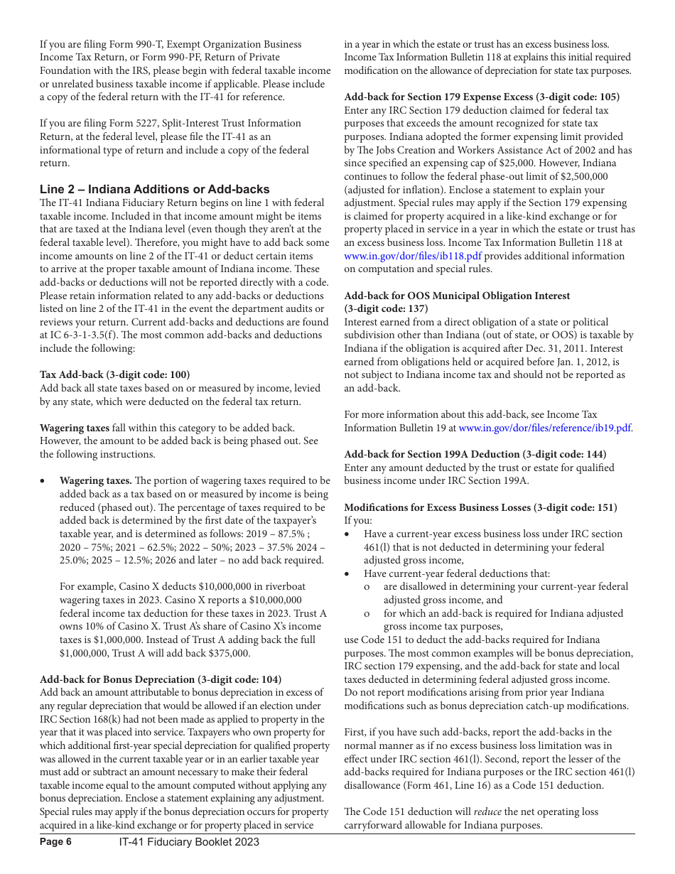 Instructions for Form IT-41, State Form 11458 Fiduciary Income Tax Return - Indiana, Page 6