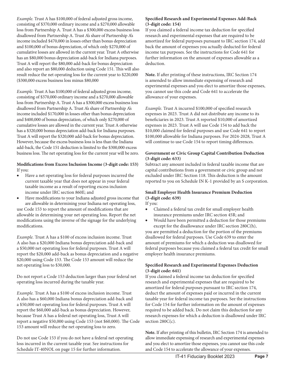 Instructions for Form IT-41, State Form 11458 Fiduciary Income Tax Return - Indiana, Page 7