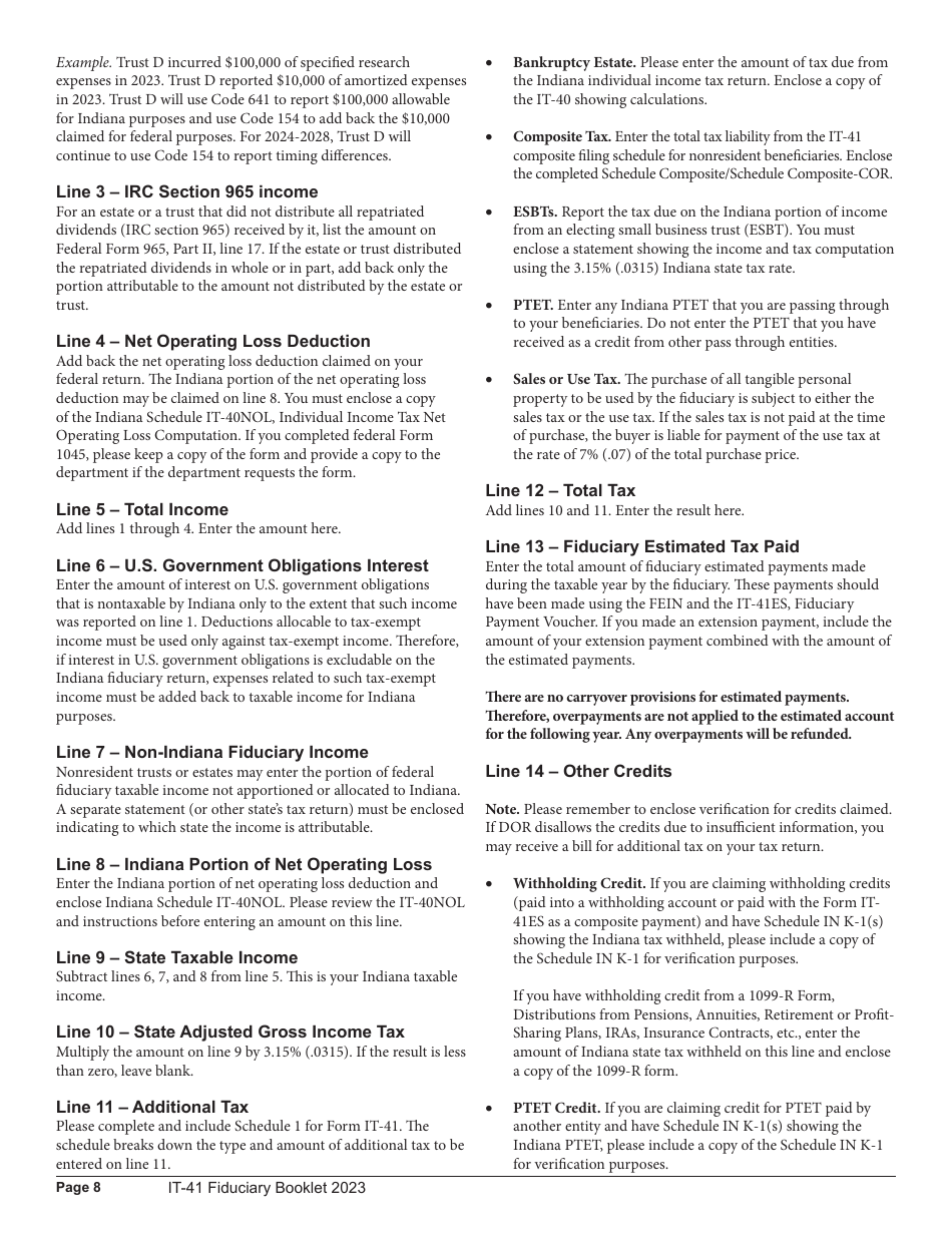 Instructions for Form IT-41, State Form 11458 Fiduciary Income Tax Return - Indiana, Page 8