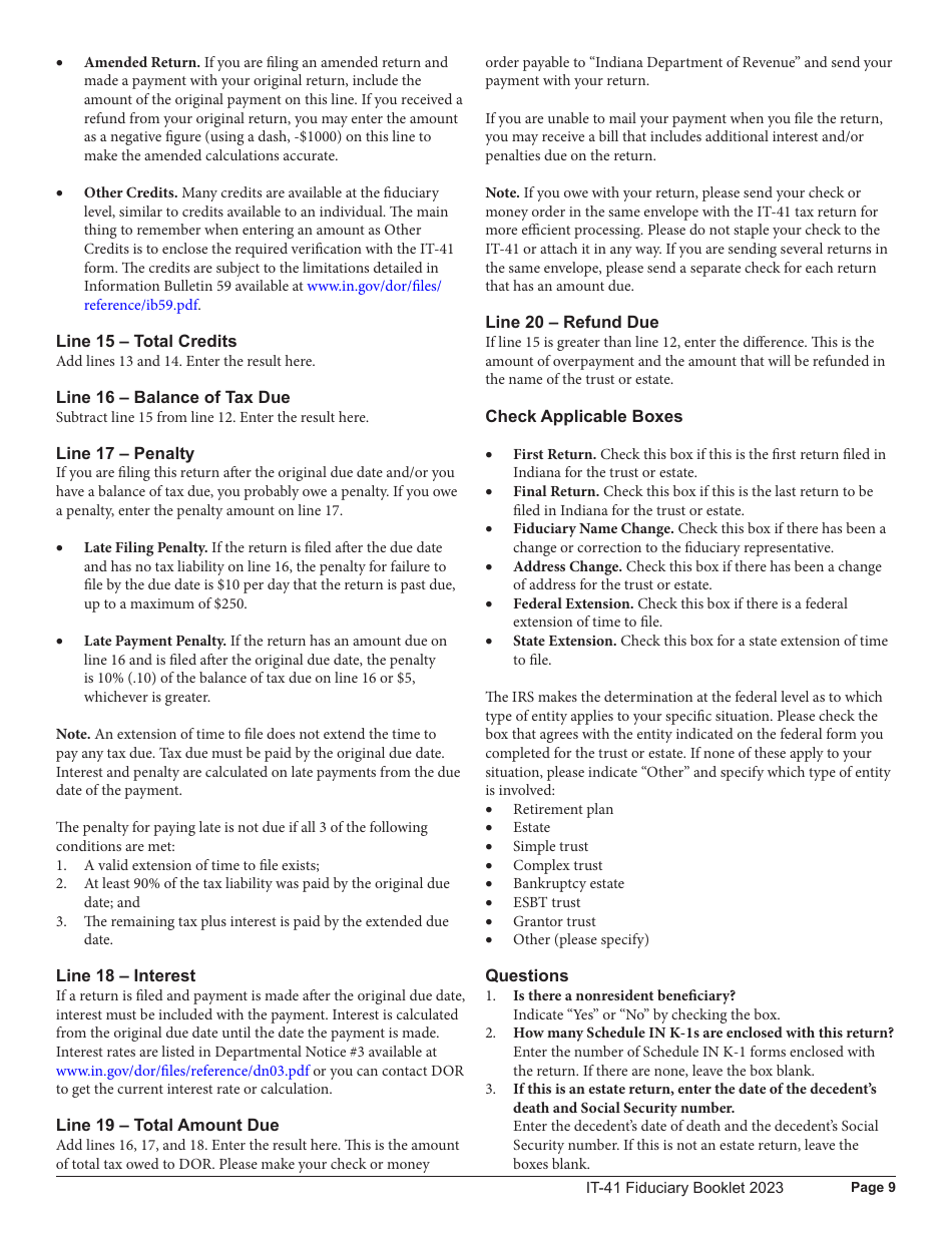 Instructions for Form IT-41, State Form 11458 Fiduciary Income Tax Return - Indiana, Page 9