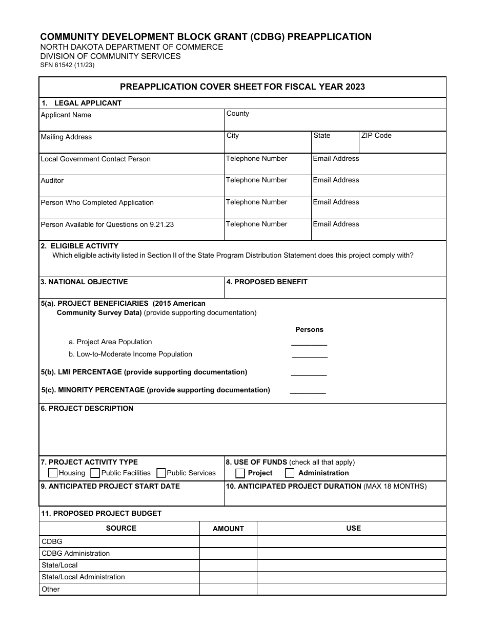Form SFN61542 Community Development Block Grant (Cdbg) Preapplication - North Dakota, Page 1