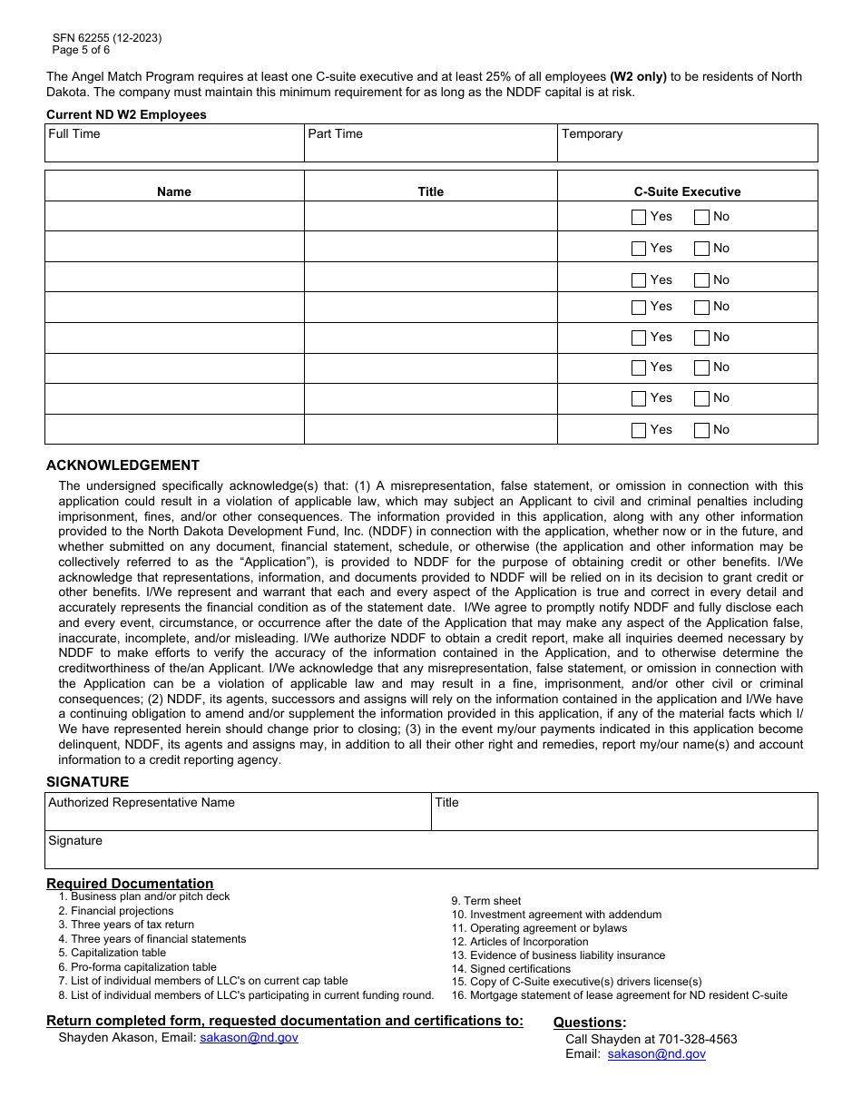 Form SFN62255 North Dakota Development Fund, Inc (Nddf) Angel Match Program of North Dakota (Amp) Application - North Dakota, Page 5