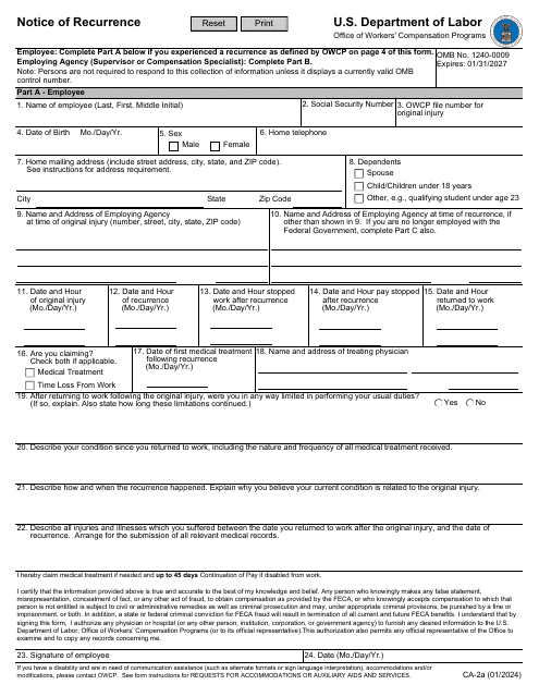 Form CA-2A Notice of Recurrence