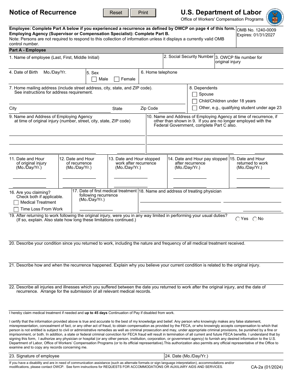 Form CA-2A - Fill Out, Sign Online and Download Fillable PDF ...