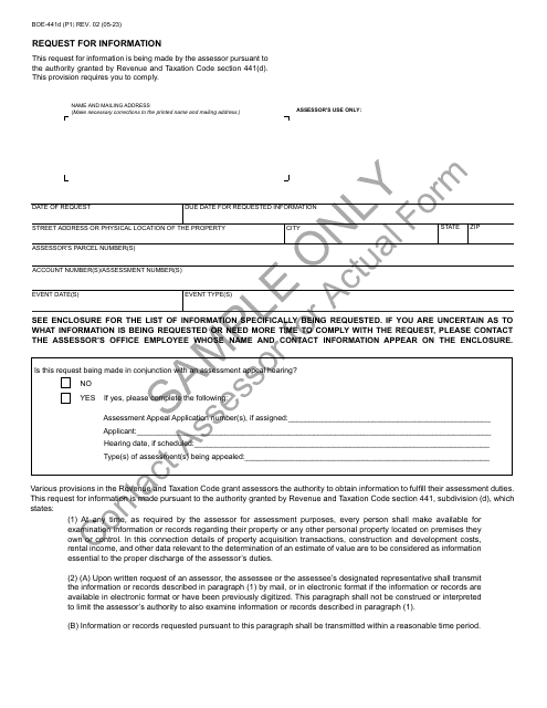 Form BOE-441D Request for Information - Sample - California