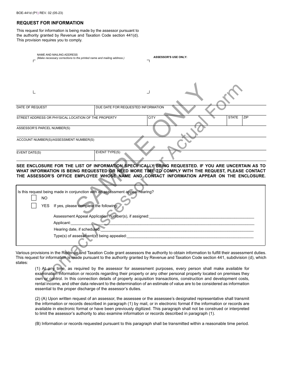 Form BOE-441D Request for Information - Sample - California, Page 1