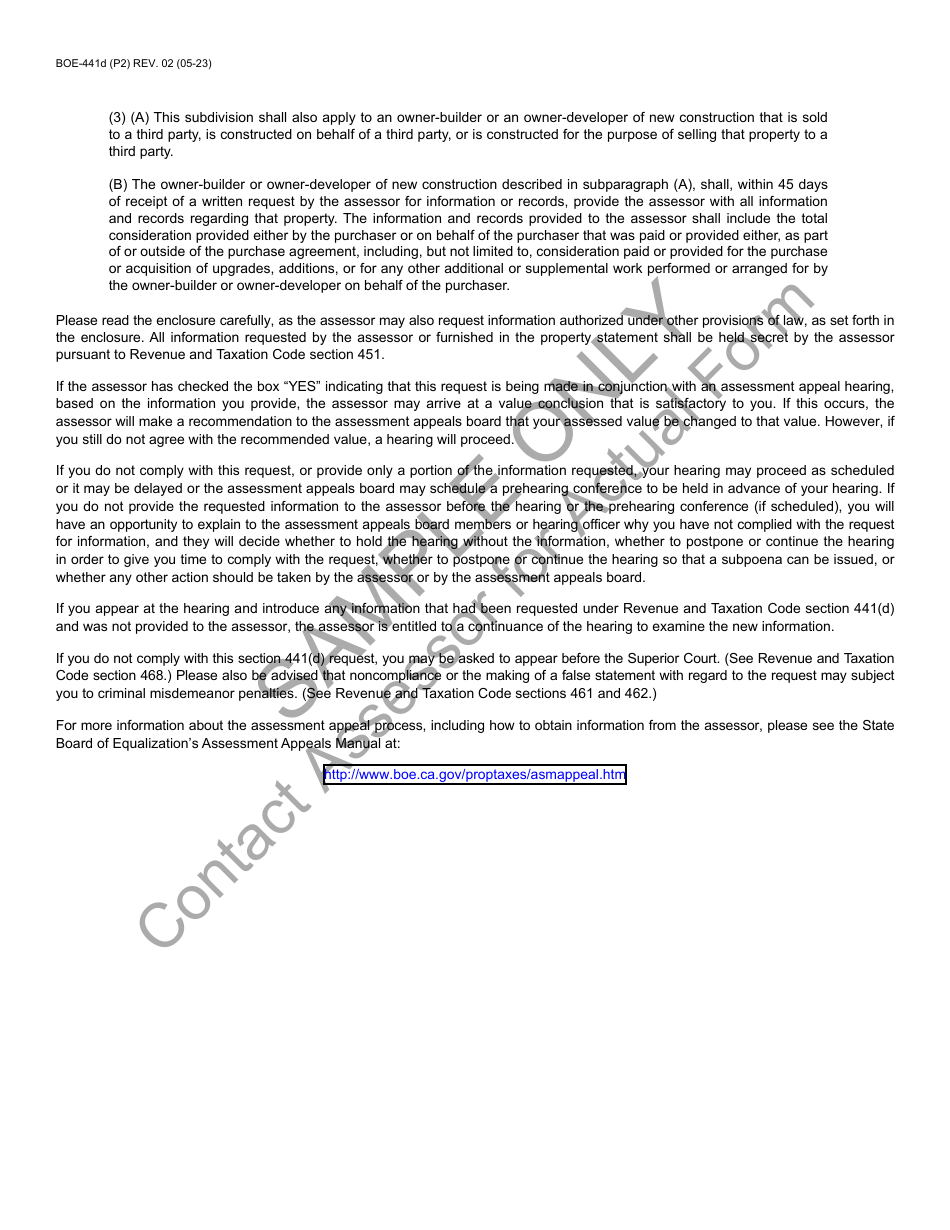 Form BOE-441D Request for Information - Sample - California, Page 2