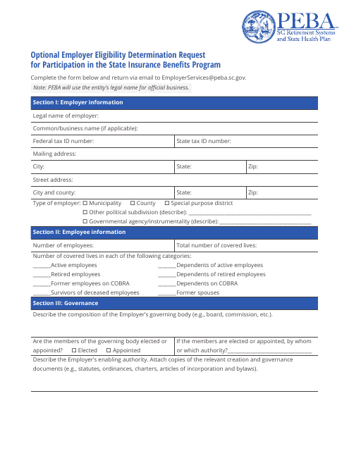 Optional Employer Eligibility Determination Request for Participation in the State Insurance Benefits Program - South Carolina Download Pdf