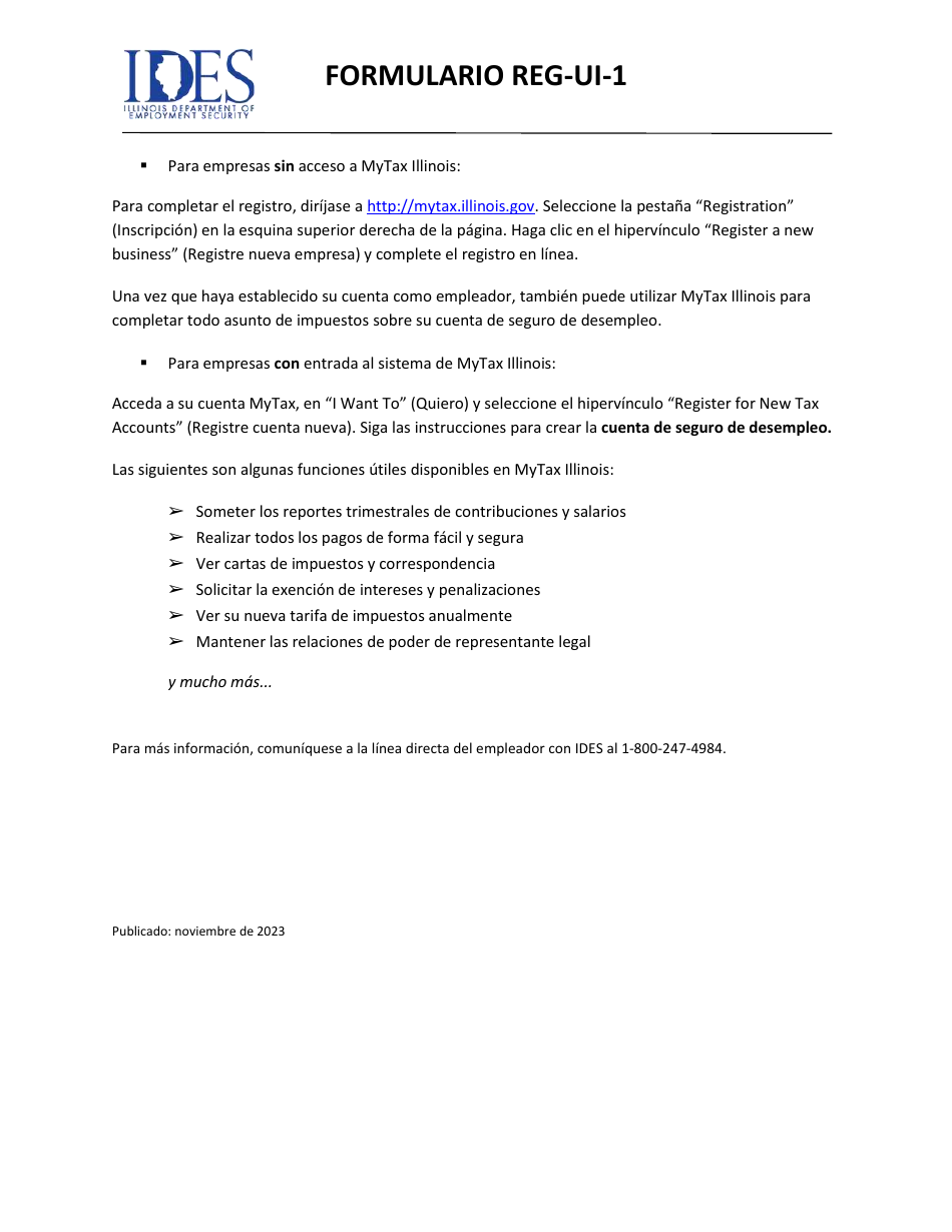 Formulario REG-UI-1 Reporte Para Determinar Responsabilidad Debajo Del Acto De Seguro De Desempleo - Illinois (Spanish), Page 1